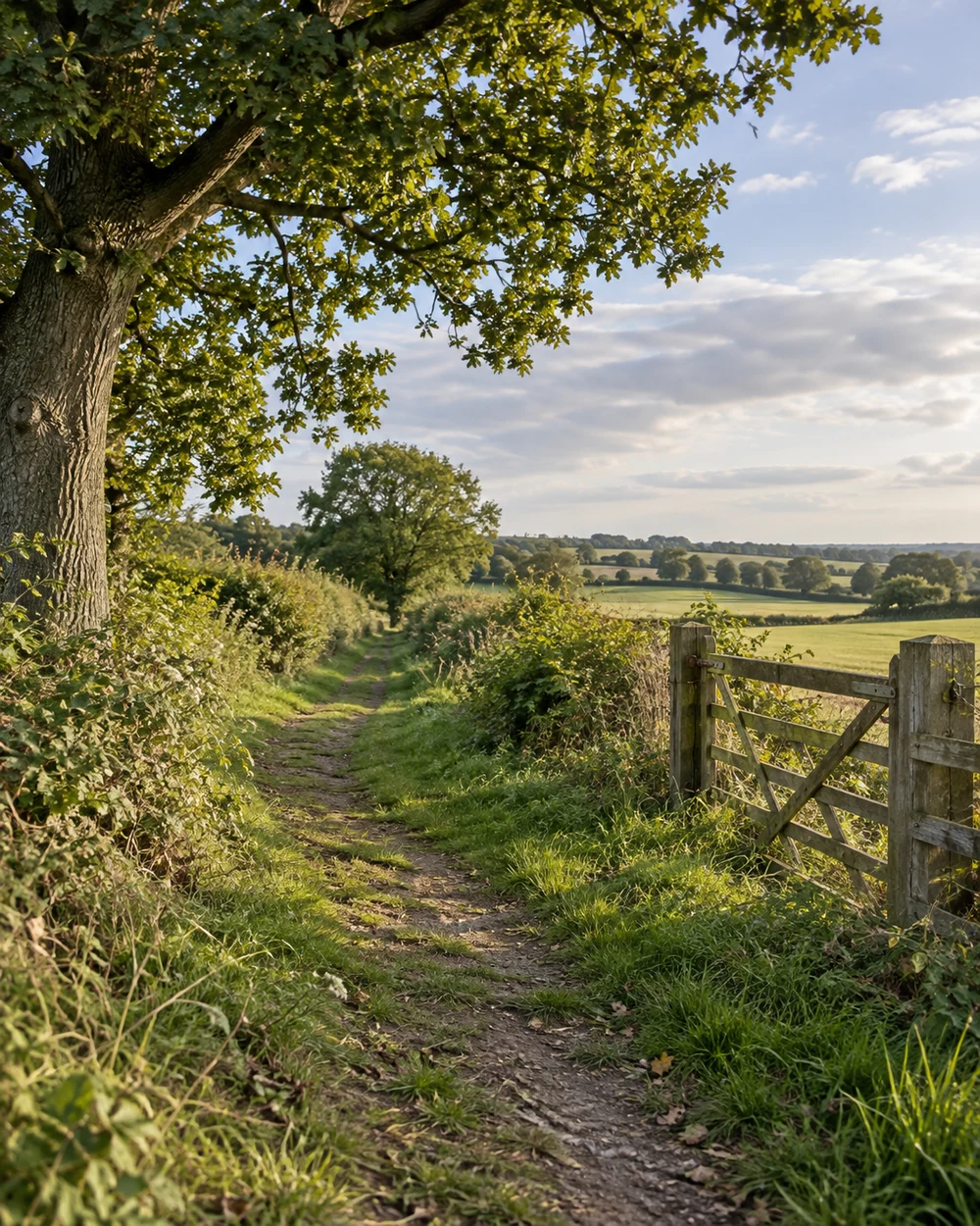 Countryside footpath beside hedgerows and a wooden field gate