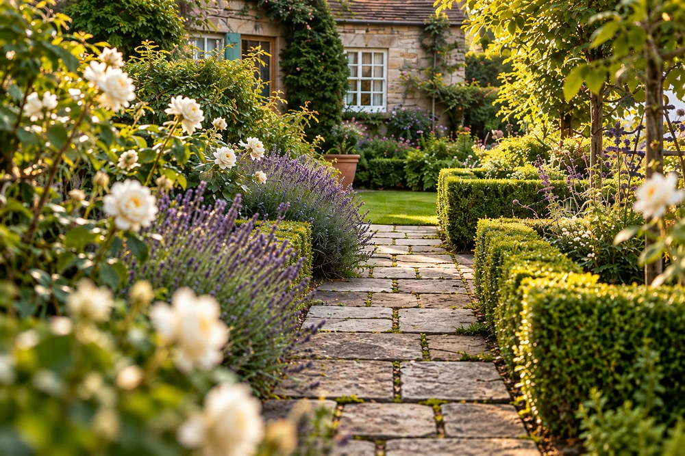 Cottage garden path bordered by lavender, white roses and clipped hedges