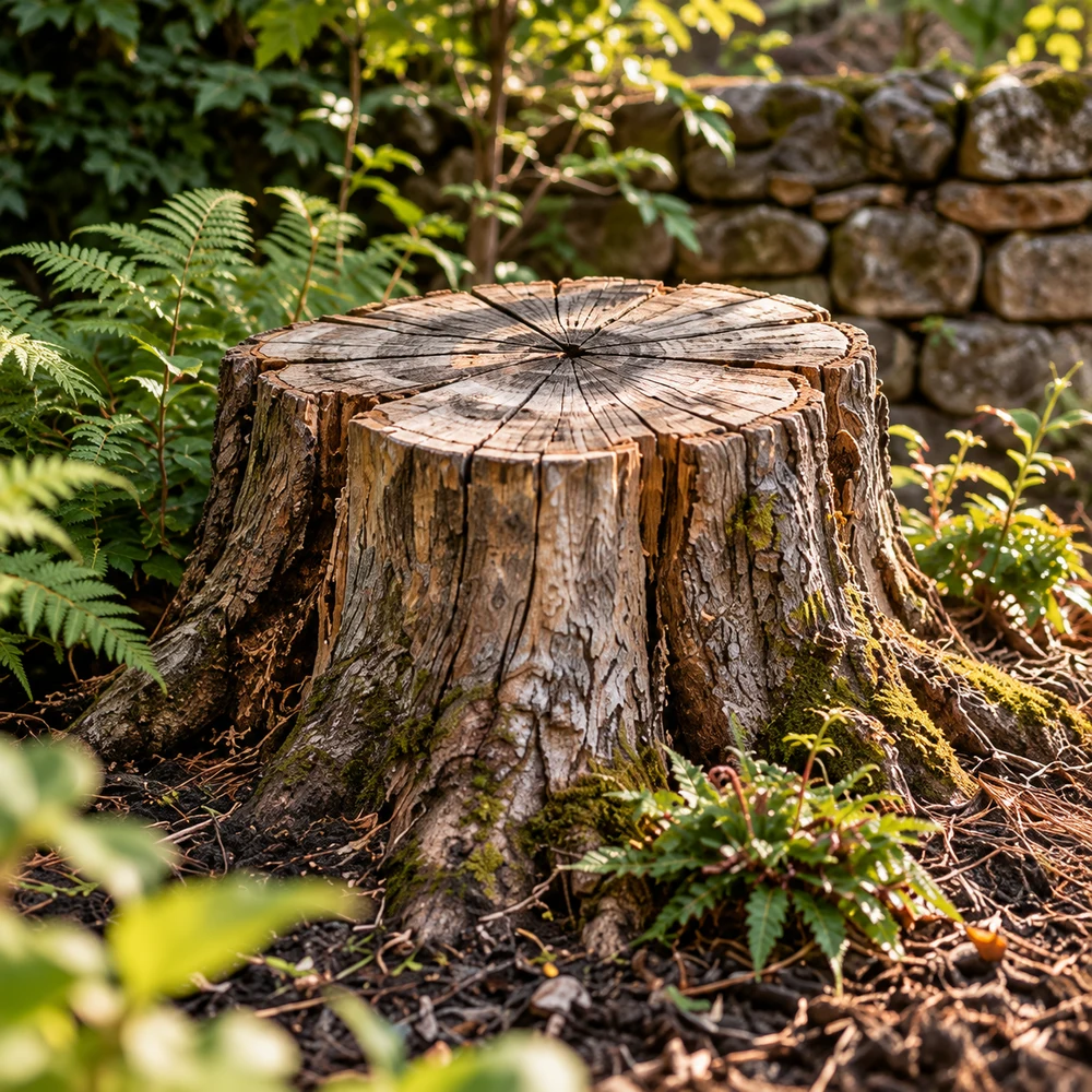 Weathered tree stump beside ferns and a stone garden wall