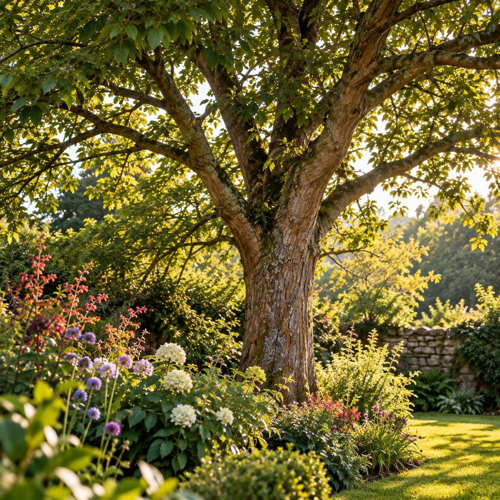 Mature garden tree in warm afternoon sunlight